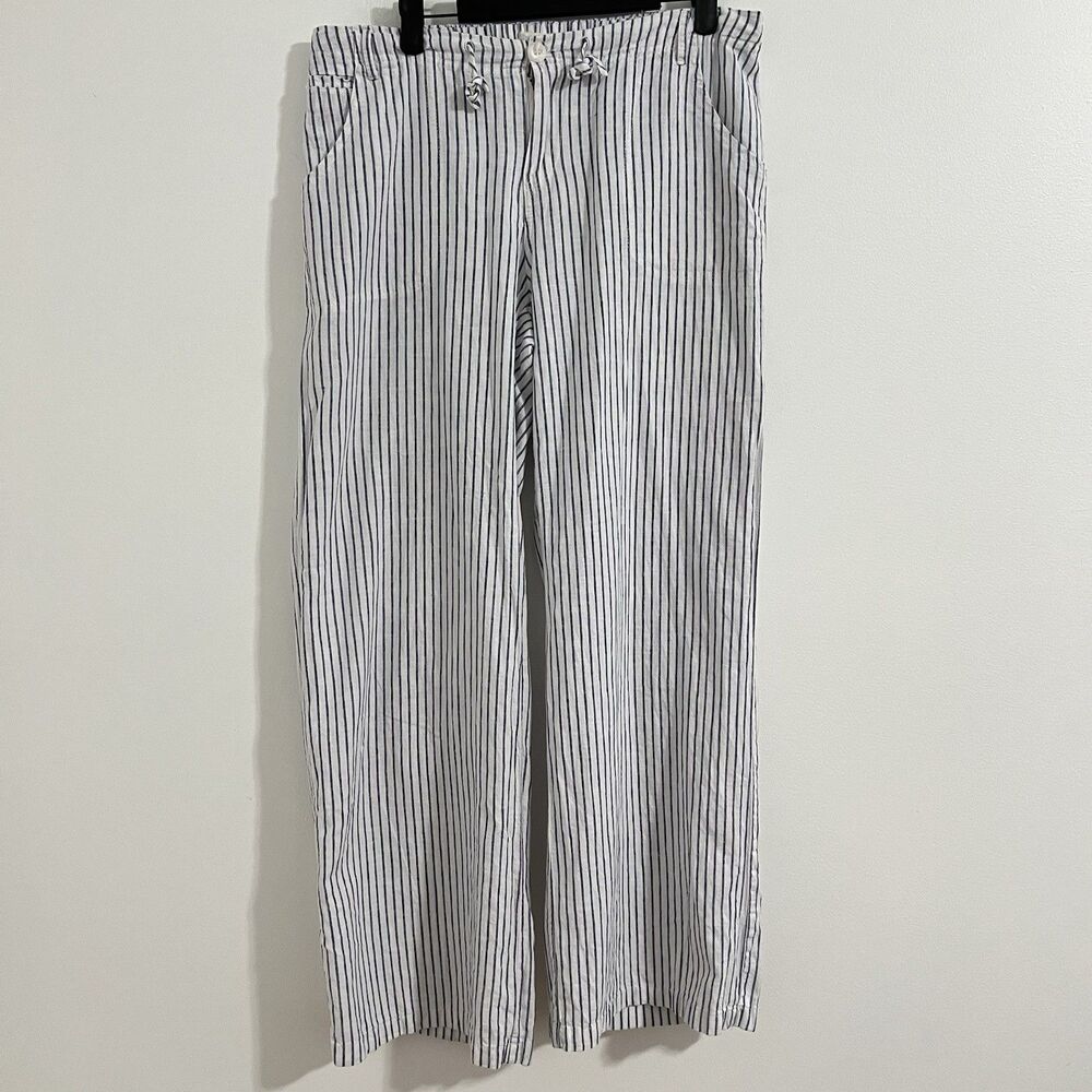 Just Living Linen Blend Pants Size L White Blue Striped Artsy Beachy Lagenlook